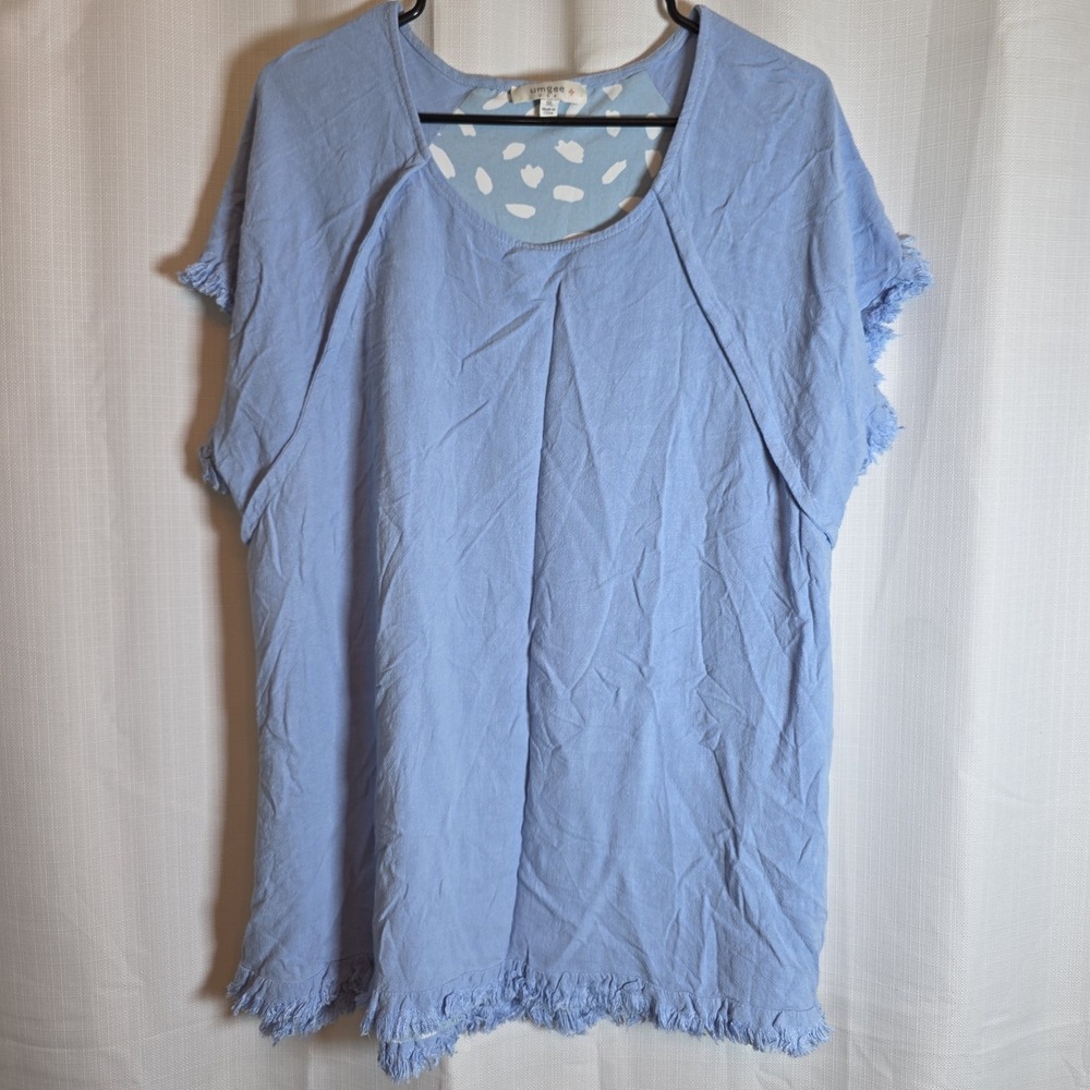 Umgee Light Blue Boho Polka Dot Linen Blend Short Sleeve Top Women's 1X